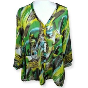 KAKTUS GREEN, YELLOW, & BLACK SHEER BLOUSE SZ.S EUC